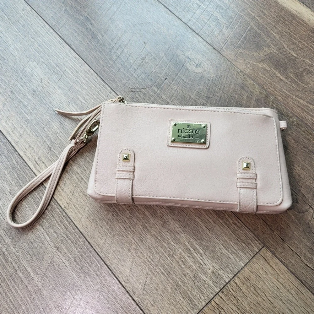 Nicole by Nicole Miller Blush Pink Wristlet Clutch Bag Gold Hardware Studded